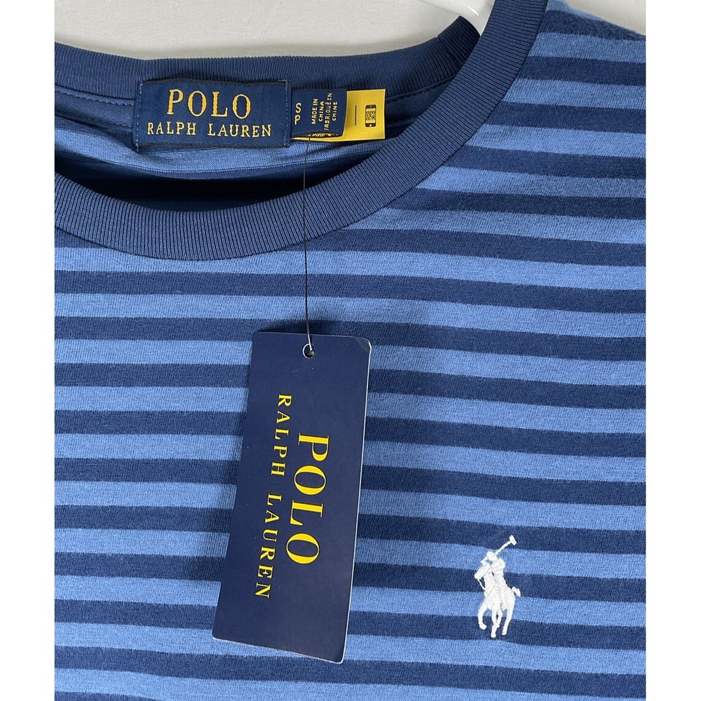 NWT Men Classic Polo Ralph Lauren Short Sleeve Striped T-Shirt Navy & Lt Blue S - Picture 3 of 4